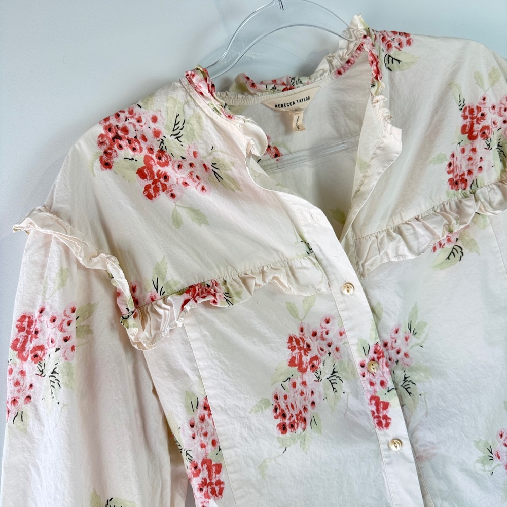 Rebecca Taylor Maia Floral Blouse Women Size 0 Pink Ruffle Cotton Top 118935B631 - Picture 3 of 13